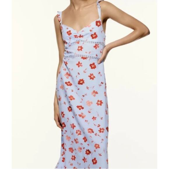 ZARA Floral Midi Dress Linen Viscose Ruffle Lace Open Back Blue Print Women's XL - Picture 11 of 11